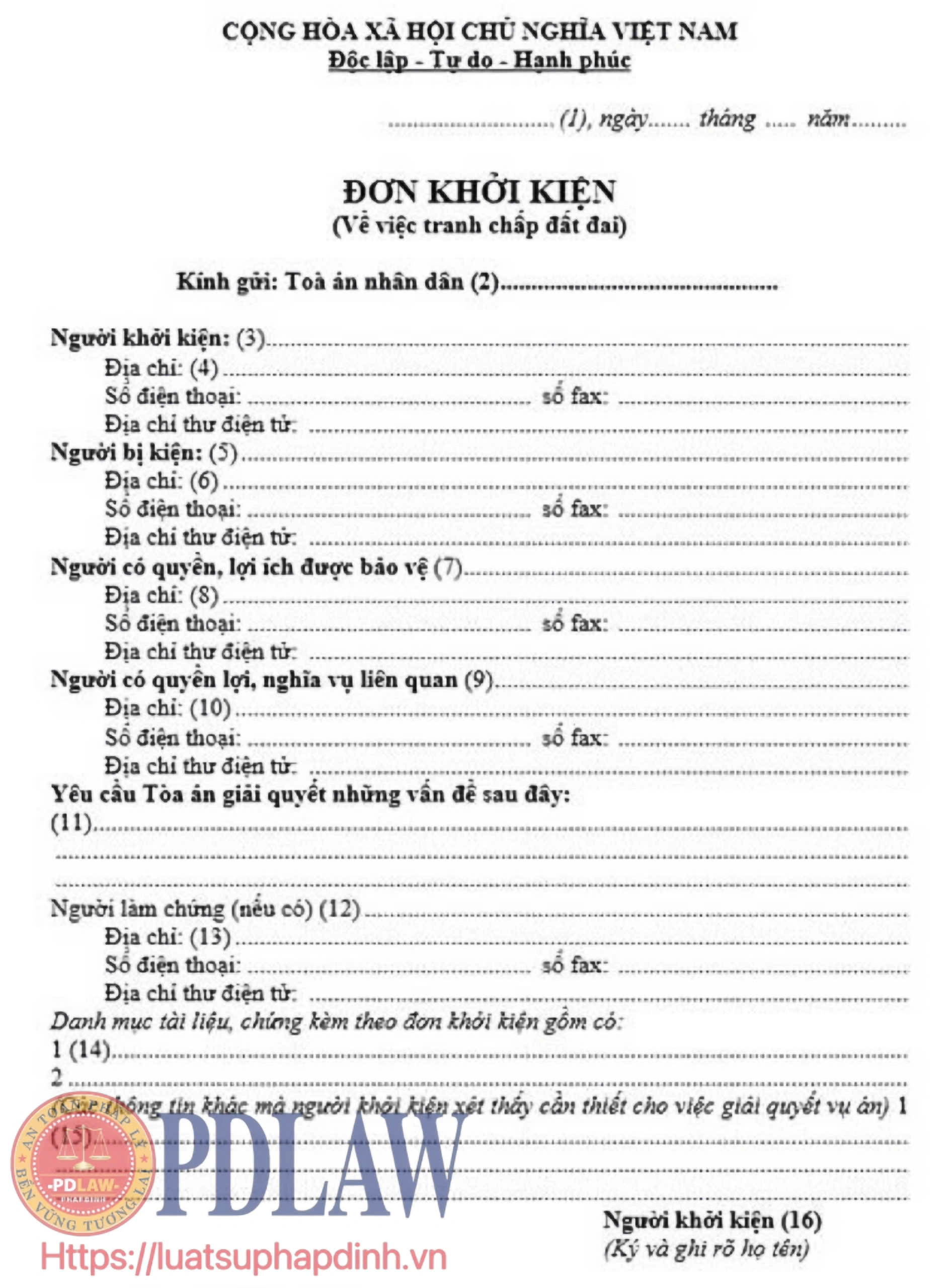 Đơn khởi kiện tranh chấp đất đai, nhà ở